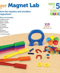 Magnet Lab Kit For Kids Ages 5 And Up With 119 Pieces STEM Toys including magnets, wands, and marbles on display