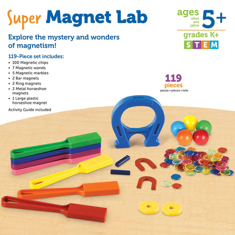 Magnet Lab Kit For Kids Ages 5 And Up With 119 Pieces STEM Toys including magnets, wands, and marbles on display