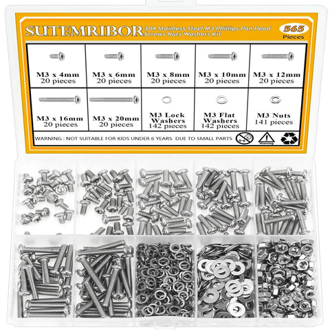 Premium 565 Piece M3 Phillips Pan Head Machine Screws Hex Nuts Assortment Kit With Split And Flat Washers Fully Threaded 304 Stainless Steel in organizer.