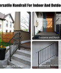 Heavy Duty 3 Step Outdoor Handrail Kit In Matte Black Wrought Iron For Concrete Or Wood Porch Stairs at entrance and porch.