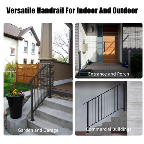 Heavy Duty 3 Step Outdoor Handrail Kit In Matte Black Wrought Iron For Concrete Or Wood Porch Stairs at entrance and porch.