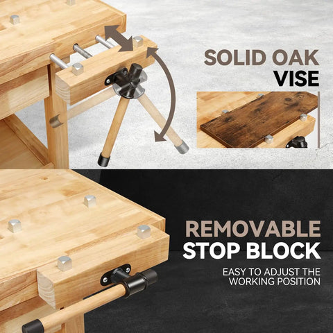 Solid oak vise and removable stop block detail on 60 Inch Heavy Duty Wood Workbench With Storage, Adjustable Handle, 500 Lb Load Capacity.