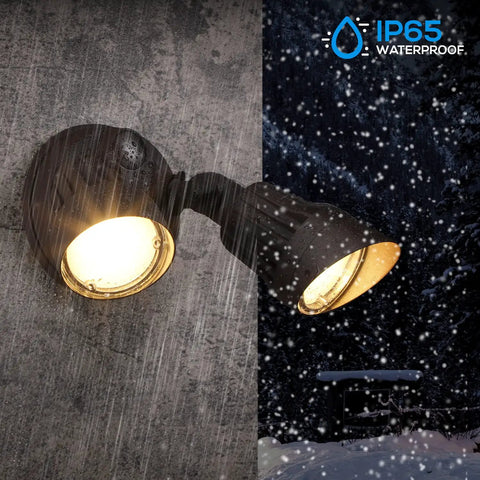 Adjustable Dual Head Dusk To Dawn Outdoor Security Light with Photocell illuminating snow, bronze aluminum housing visible
