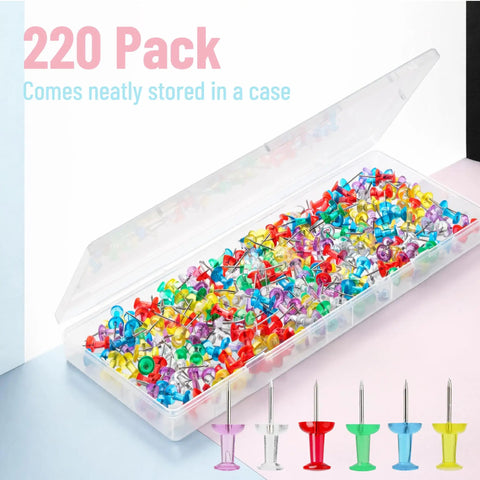 Bulk Assorted Push Pins For Bulletin Boards Featuring Hella Bright Plastic Heads And Sharp Metal Tips That Gonna Keep Your Notes Secure And Organize Your Space Like A Pro, 220 pack in clear storage case.