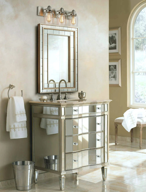 Modern bathroom with Dope Brushed Nickel Three Light Bath Vanity Wall Sconce With E26 LED Bulbs above mirror and mirrored vanity.