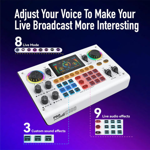 C100 Pro P15 Portable Mixing Console And Sound Card Kit with 8 Live Modes, 9 Effects, and 5 Voice Changers displayed.