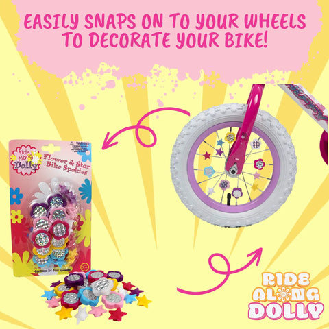 Flower And Star Bike Spoke Decorations Kit, 24 colorful snap on spokes shown with packaging and decorated bicycle wheel.