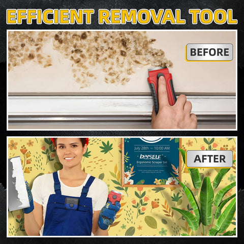 Razor Blade Scraper With 15 Extra SK5 Blades And Built In Blade Storage used to clean residue from glass shown in before and after images.