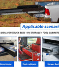 Locking Heavy Duty Drawer Slides For Cabinets, Side Mount Full Extension, 250 Lb Capacity, shown in tool cabinets and server rack.