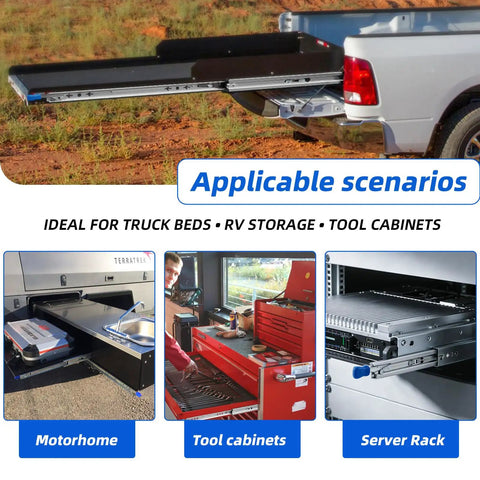 Locking Heavy Duty Drawer Slides For Cabinets, Side Mount Full Extension, 250 Lb Capacity, shown in tool cabinets and server rack.