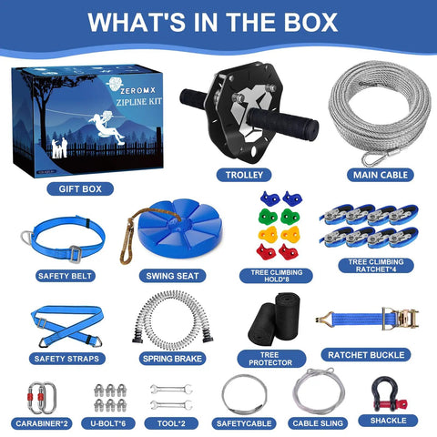 160Ft Backyard Zip Line Kit For Kids And Adults Up To 360 Lbs with removable trolley, safety harness, tools, and accessories.