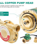 Beefed Up 120W 115V Household Water Pressure Booster Pump, showcasing copper pump head and impeller with NPT connection fittings.