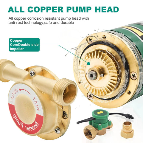 Beefed Up 120W 115V Household Water Pressure Booster Pump, showcasing copper pump head and impeller with NPT connection fittings.
