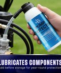 Pressure Washer Pump Saver Antifreeze And Lubricant 4 Oz For Off Season Storage with hose connected to pump, green background.