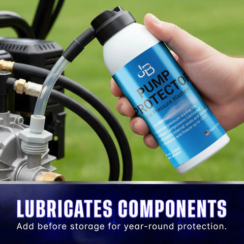 Pressure Washer Pump Saver Antifreeze And Lubricant 4 Oz For Off Season Storage with hose connected to pump, green background.