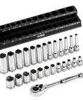 One Half Inch Drive SAE Socket Set With 90 Tooth Ratchet And Magnetic Organizer, A Must Have For Any Garage, Includes Fifteen Sockets