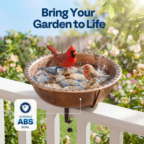 Top Shelf Deck Mounted Bird Bath Featuring Adjustable Heavy Duty Metal Clamp And All Weather Resistant Retro Bronze Finish Durable Plastic Basin Safe For Backyard Or Garden Use with birds in water