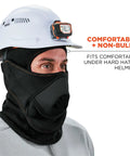 Person wearing Winter Balaclava With Detachable Heat Exchanger Face Mask For Extreme Cold Full Head And Neck Coverage under helmet