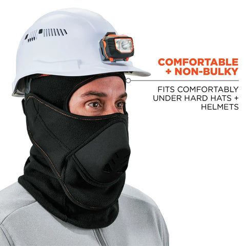 Person wearing Winter Balaclava With Detachable Heat Exchanger Face Mask For Extreme Cold Full Head And Neck Coverage under helmet