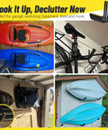 Heavy Duty Garage Storage Hooks Four Pack 120 Lb Capacity 15 Inch Wall Mounted Rack for hanging kayaks, bikes, and gear in garage