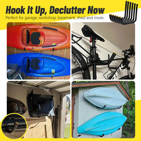 Heavy Duty Garage Storage Hooks Four Pack 120 Lb Capacity 15 Inch Wall Mounted Rack for hanging kayaks, bikes, and gear in garage