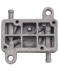 Front view of gray metal fuel pump housing with mounting bosses and inlet/outlet ports