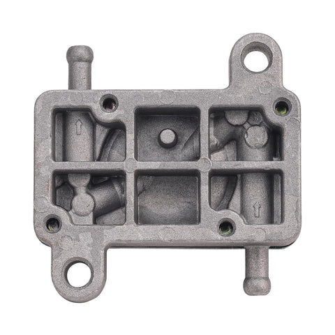 Front view of gray metal fuel pump housing with mounting bosses and inlet/outlet ports