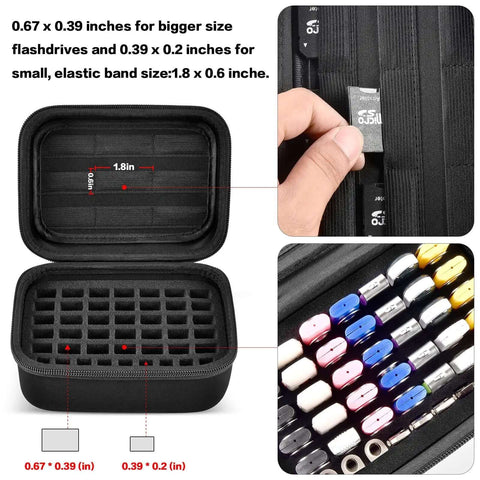 Slick Heavy Duty Foam Carry Case For Forty Four Usb Sticks And Nine Sd Cards showing interior dimensions and various USB drives.