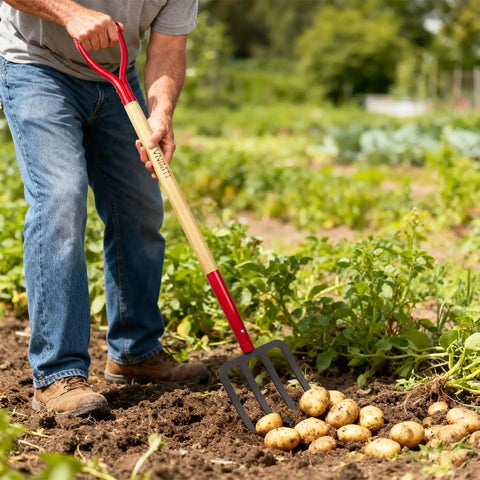 Gardener using 4-Tine Spading Garden Fork With Steel Digging Tines, 45 Inch Length, Y-Grip Wood Handle for lifting potatoes in the soil.
