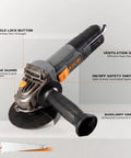 No Nonsense 4-1/2 Inch Angle Grinder 7 Amp 12000 Rpm Built Tough with quick change guard and auxiliary handle for control.