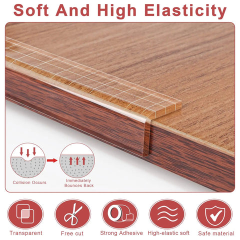 Rock Solid Clear Corner Protectors For Baby Proofing Hella Tough Soft Edge Guards displayed on a wooden table edge, showcasing its transparent design.