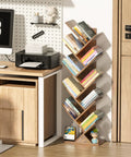 Tree Shaped 10 Tier Floor Standing Wood Bookcase Slim Space Saver For Narrow Rooms Tight Spots And More Holds Books CDs Magazines In Home Office Living Room Brown Finish beside desk
