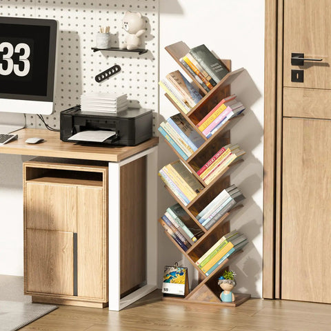 Tree Shaped 10 Tier Floor Standing Wood Bookcase Slim Space Saver For Narrow Rooms Tight Spots And More Holds Books CDs Magazines In Home Office Living Room Brown Finish beside desk