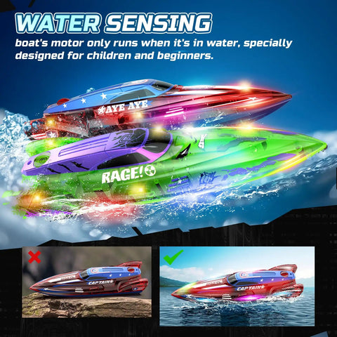 Two Pack 13 Inch Remote Control Boats With LED Lights 2 4Ghz RC Race Boats For Pools And Lakes Kid Friendly Fun For Boys 8 To 12 Includes Extra Batteries And Easy USB Charging displayed on water with vibrant colors and LED effects.