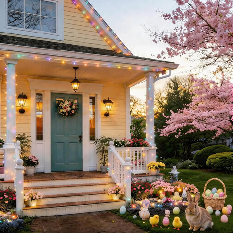Charming porch with Pastel Outdoor String Lights 66ft 200 LED With 8 Modes Waterproof Plug In Connectable Twinkle Fairy Lights.