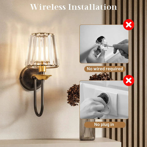 Black And Gold Crystal Wireless Rechargeable Wall Sconces Set Of Two Remote Dimmable 3Cct bedroom decor with clear installation tips.