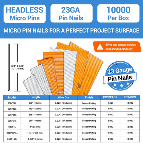 Twenty Three Gauge One Inch Galvanized Pin Nails For Nail Guns with detailed specifications and packaging information.
