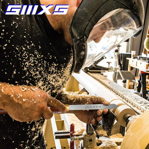Woodworker using 8 Piece M2 HSS Wood Lathe Chisel Set With Long Handles And Wooden Box For Woodturning, lathe in action
