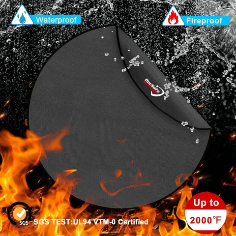 48 Inch Round Fire Pit Mat With Four Layer Fireproof Heat Insulated Under Grill Pad showing fireproof and waterproof features