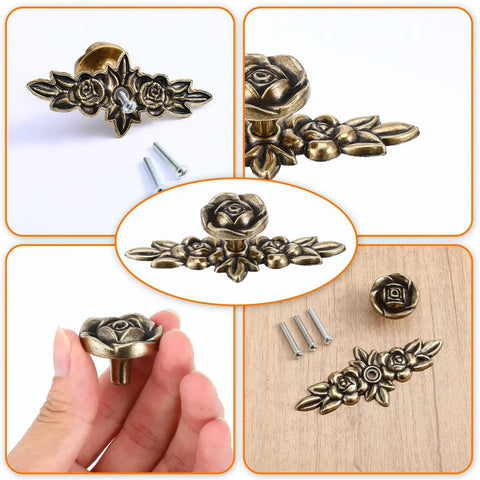 Three Pack Euro Rose Cabinet Knobs With Backplate Vintage Zinc Alloy Flower Drawer Pulls Bronze Finish For Dresser Nightstand Cupboard Wardrobe Retro Vibe Upgrade, shown in various views including close-up and installed.
