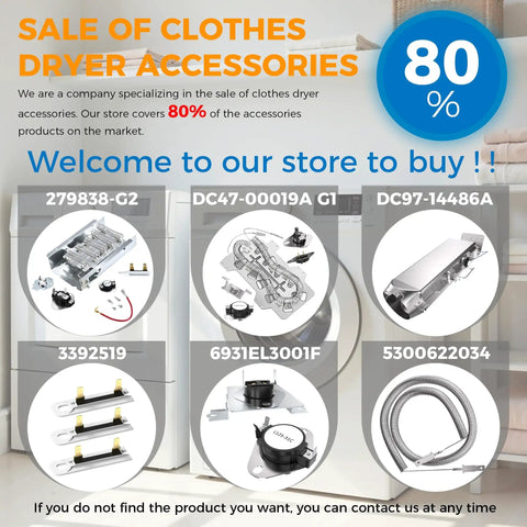 Sale of clothes dryer accessories with various parts displayed, including heating elements and fuses, promotional image.