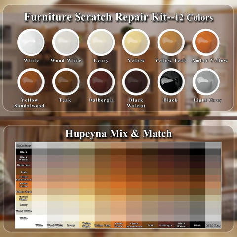 Top Shelf Wood Repair Kit Featuring Slick Scratch Fix And 12 Color Wood Filler Set colors chart with labels for easy DIY furniture restoration.