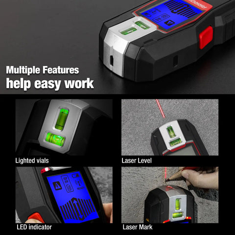 Two In One Stud Finder With Laser Level For Accurate Wall Scanning Rechargeable Pro Grade Stud Sensor With Built In Level, black plastic tool