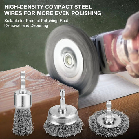 Six Piece Carbon Steel Wire Brush Set For Drills With Cup Brushes Wheel Brushes And Pen Brush One Quarter Inch Hex Shank