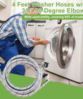 6 Foot Braided Stainless Steel Washer Hose Set With 90 Degree Elbows Hot And Cold Striped Supply Lines in front of washing machine