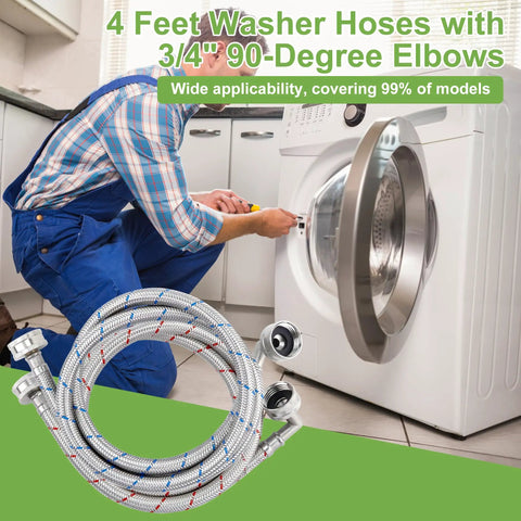 6 Foot Braided Stainless Steel Washer Hose Set With 90 Degree Elbows Hot And Cold Striped Supply Lines in front of washing machine