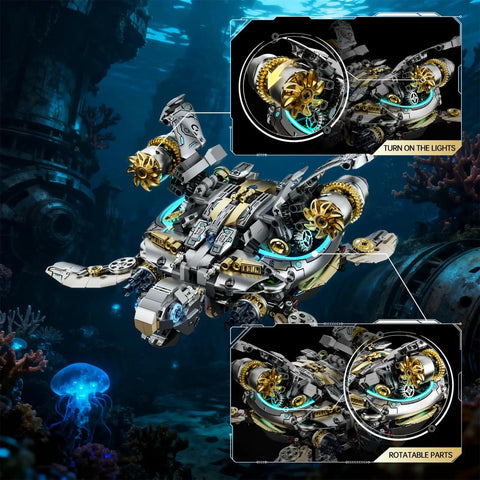 Mechanical Turtle Building Block With Hand Crank And Optional Motor Dual Drive Gear Motion For Adults Teens And Model Enthusiasts Dope Steampunk Educational Construction Set, lit rotary parts