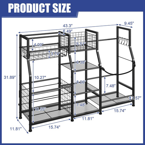Dimensions of Garage Golf Bag Organizer Stand With Basket And Hooks Dual Mode Storage Rack displayed.