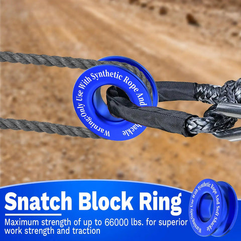 Heavy Duty Winch Snatch Recovery Ring For Off Road Recovery, Premium 7075 Aluminum Alloy, High Break Strength Snatch Block Ring, Rust Resistant And Durable Gear For Tow Ropes, Winches, And Recovery, blue ring with synthetic rope