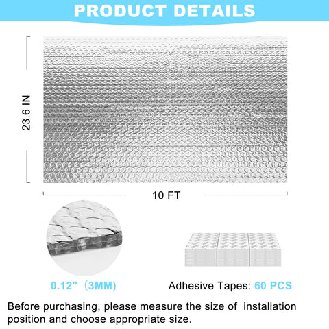 Reflective Insulation Roll 23.6 Inch By 10 Foot Bubble Aluminum Foil Sheet set with 60P Tapes, dimensions marked